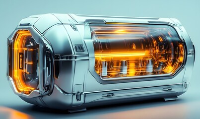Obraz premium Futuristic metallic container with glowing orange core.