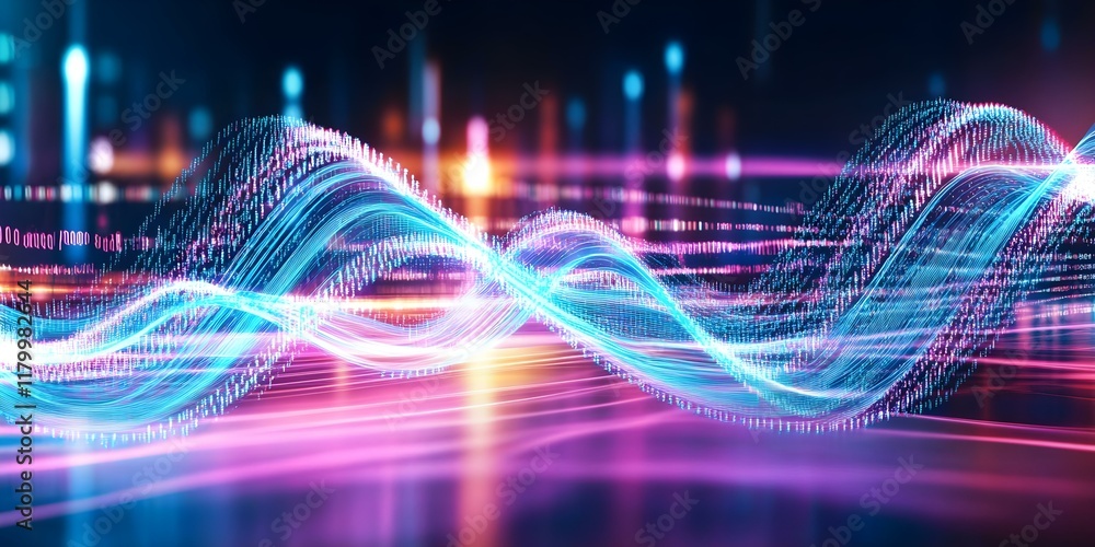 Poster a dynamic representation of flowing waves, featuring vibrant colors and digital particles, suggestin
