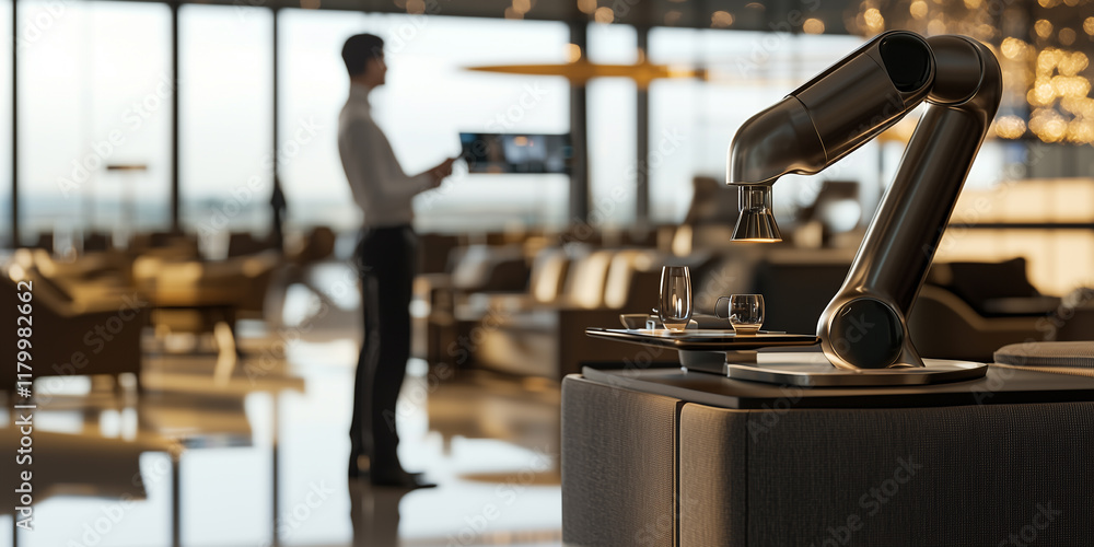 Poster robotic arm serves drinks on tray in modern lounge, with blurred man holding tablet in background, s