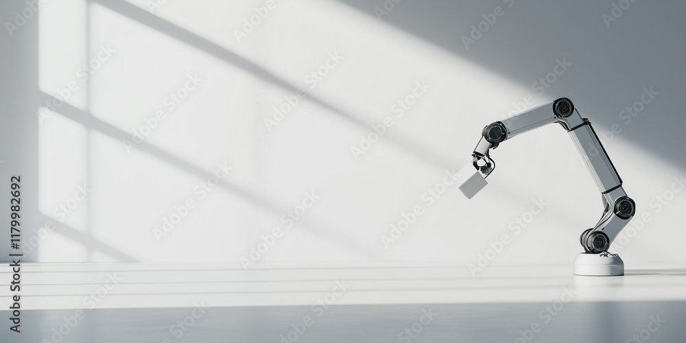 Poster Side view of robotic arm placing product in clean, minimalistic environment with soft natural light and shadows, showcasing advanced technology and precision