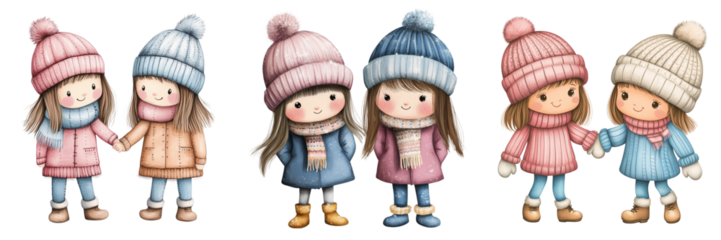 Set of A watercolor hand-drawn trendy cartoon couple sitting in a cozy café, holding coffee cups on transparent png background