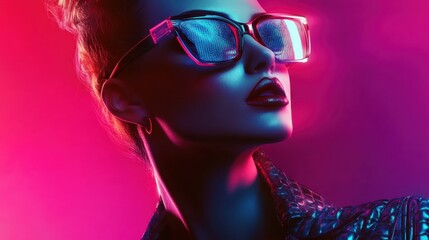 Vibrant neon portrait, woman wearing aviator sunglasses, blue and pink lighting, dramatic contrasts, 80s retro aesthetic, cyberpunk style, high fashion, close-up shot, glossy lips, intense colors, ref