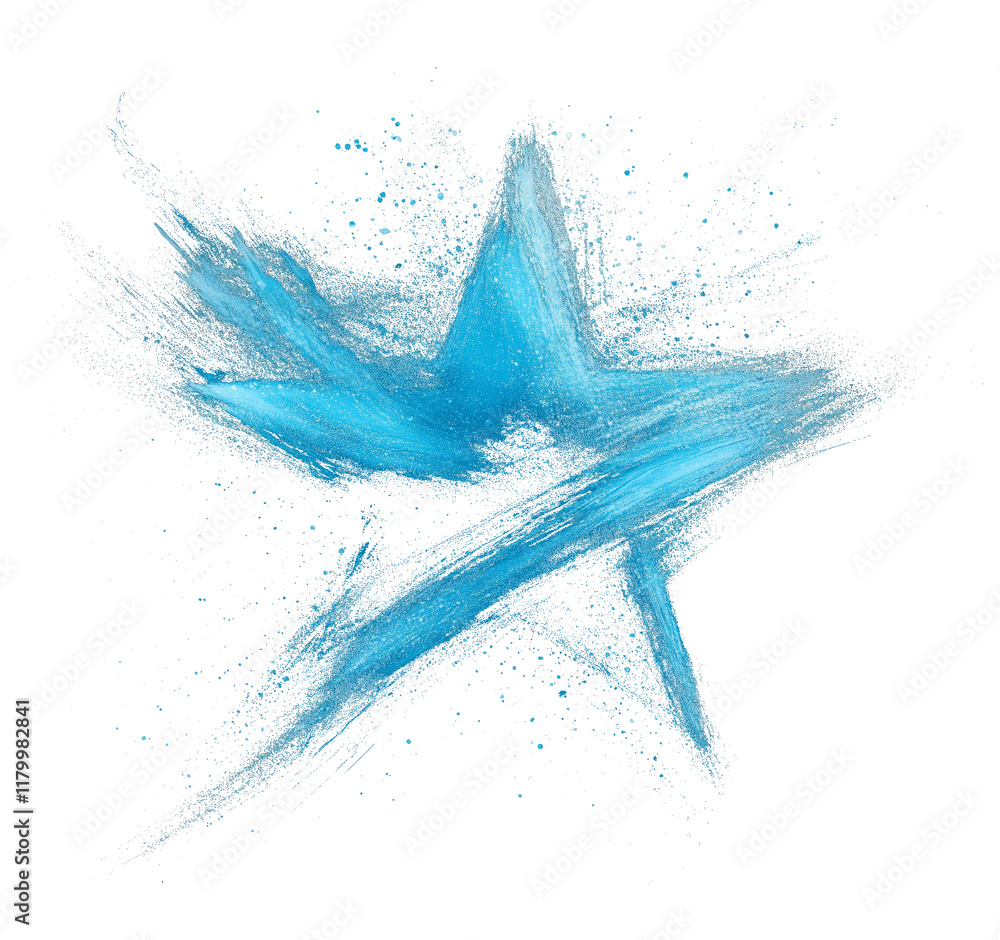Aufkleber vibrant blue star painted with soft and airy brushstrokes, surrounded by dynamic splashes and speckles, creating dreamy and artistic effect on transparency background
