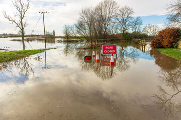 Severe flooding on the B1223 road between the rural villages of Ryther and Cawood near Selby in...