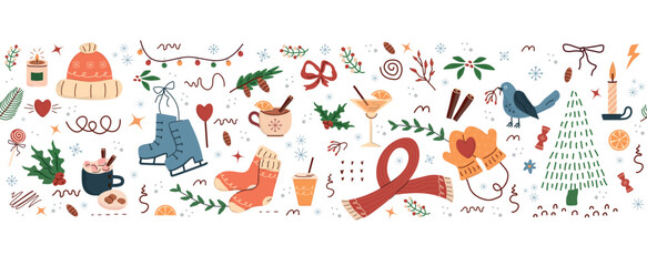 winter pattern, cute illustration.  tree, stars, dots, snow, simple  design. hand drawn doodles are isolated on a white background. A trend concept for print, banners, social networks, posters. vector