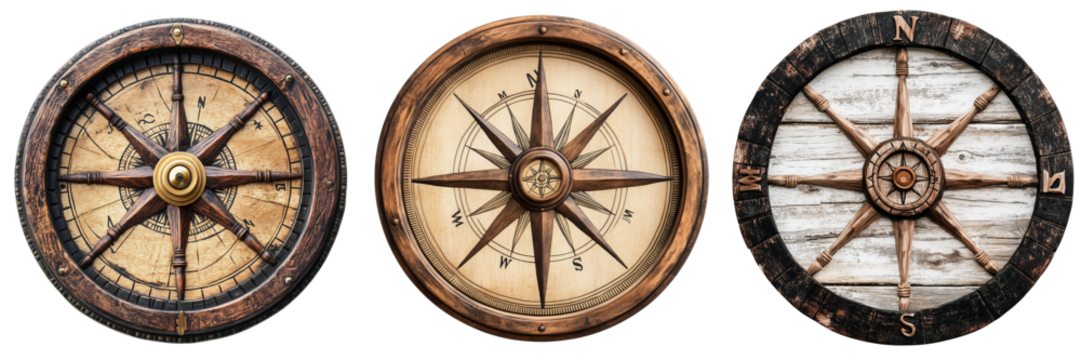 Set of A weathered copper compass placed on an old map, with a warm sunlight filtering through a window on transparent png background