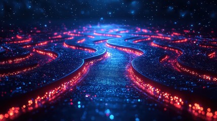 Fototapeta premium A mesmerizing, glowing pathway with vibrant blue and red hues, creating a futuristic and abstract visual effect.