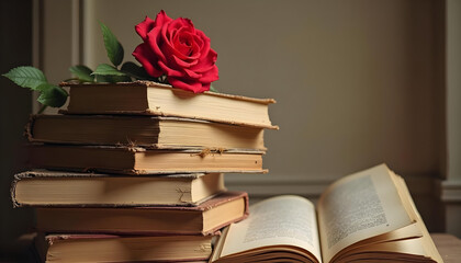 Libros y rosa roja para el Día del Libro, Sant Jordi en Cataluña. Fondo con espacio para texto