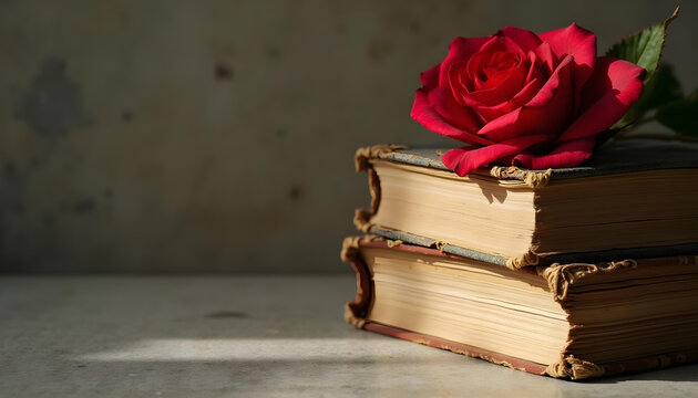 Libros y rosa roja para el D&iacute;a del Libro, Sant Jordi en Catalu&ntilde;a. Fondo con espacio para texto