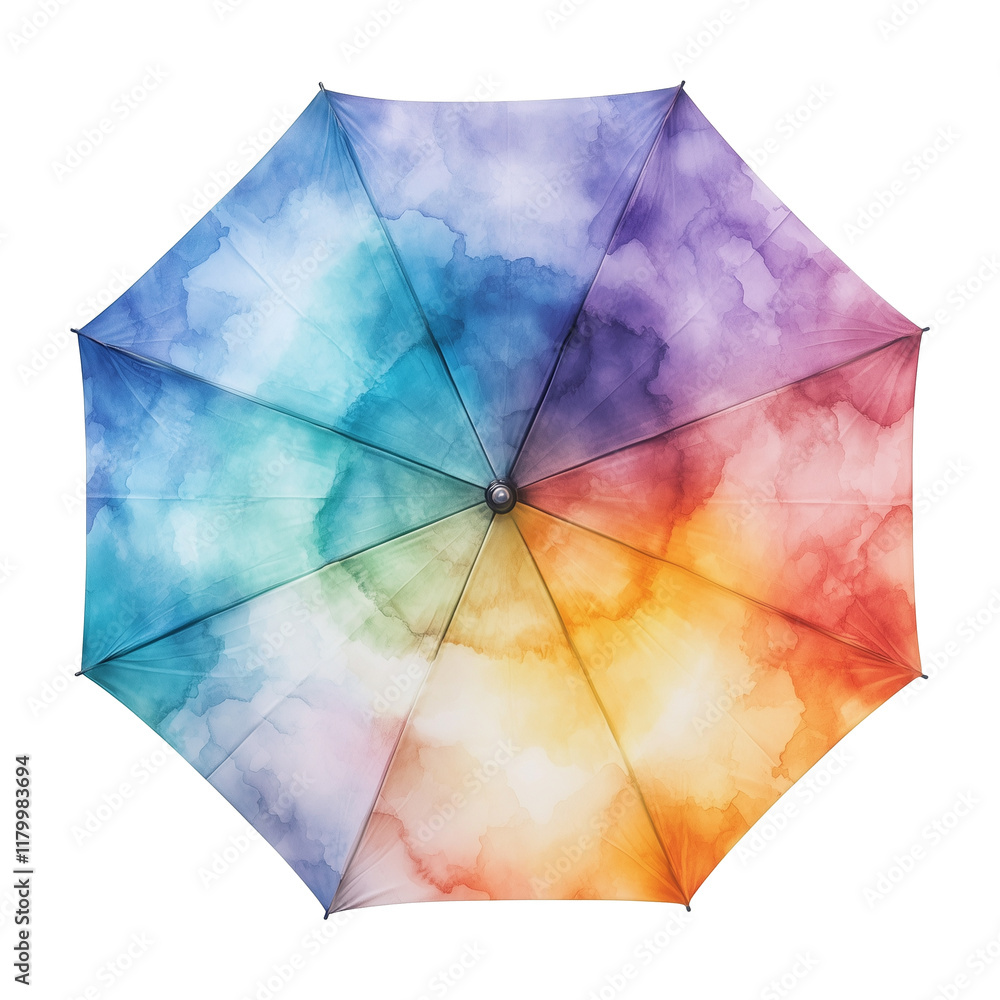Poster Top view of watercolor effect umbrella with soft, vibrant colors blending seamlessly, creating rainbow like gradient pattern. artistic design evokes creativity and joy
