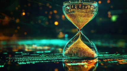 Technology Banner Concept with Glowing Digital Hourglass Representing Data and Passage of Time.A futuristic scene featuring a digital hourglass on a glowing background, symbolizing technology and time