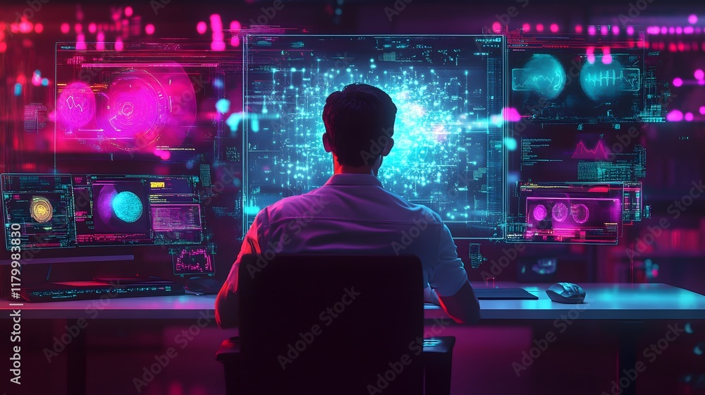 Poster person viewing data streams on multiple computer screens
