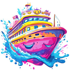 Obraz premium A stylized illustration depicts a vibrant cruise ship cutting through colorful water splashes, suggesting a joyful and dynamic voyage.