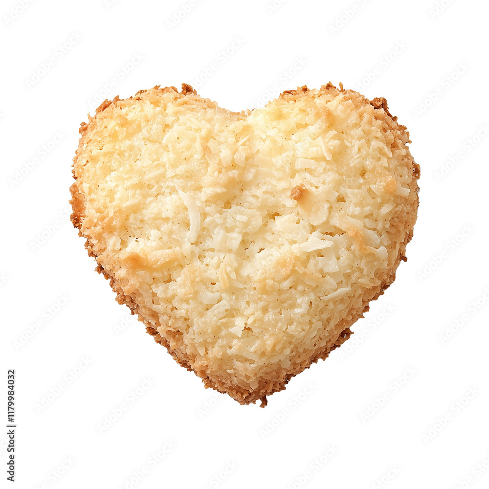 Poster heart shaped coconut macaroon with golden, crispy texture isolated on transparency background, showc