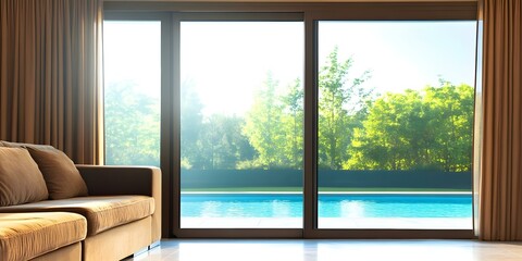 A bright room with a sofa, looking out through glass doors at a pool and lush greenery outside. Concept Bright Room Design, Indoor-Outdoor Living, Cozy Sofa Arrangement, Lush Greenery View