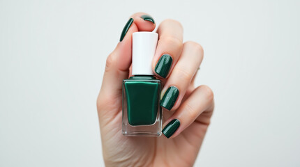 Hand holding dark green nail polish bottle with white cap and matching nails.