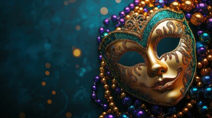 Fototapeta premium Mardi gras banner background. Golden carnival mask with colorful beads