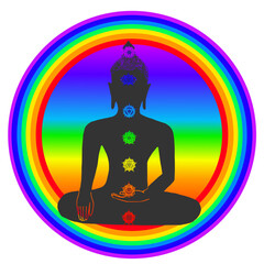 Vector silhouette of buddha with chakra symbols on a transparent background. The buddha figure is showing the Bhumisparsha (Earth Witness) Mudra