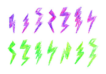 Set of lightning by wax pencil drawing. Collection of handdrawing chalk , light flash signs, Doodle thunder bolts, yellow color design elements. Graffiti style weather symbols. Vector illustration