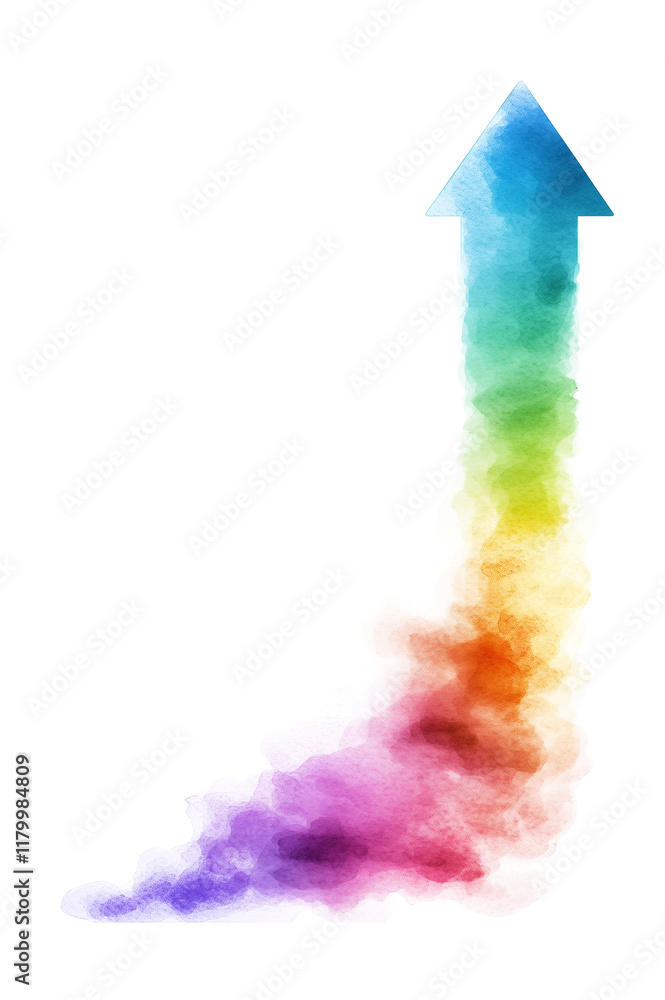 Poster colorful watercolor arrow pointing upward with vibrant gradient trail, symbolizing growth, progress,