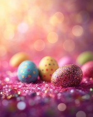Festive Easter Eggs Glitter Pink Background Spring Holiday Decor
