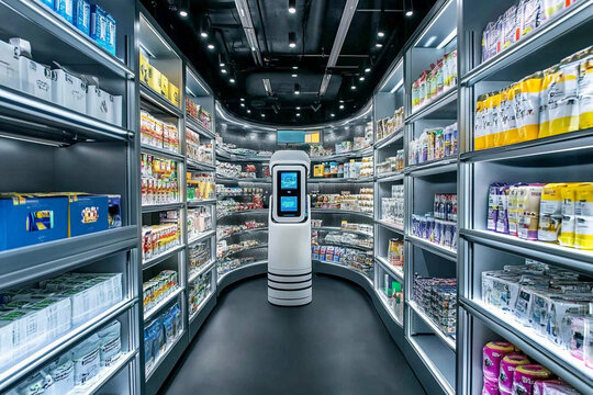 Robotic assistant in a futuristic grocery store showcasing modern shopping technology and various product displays