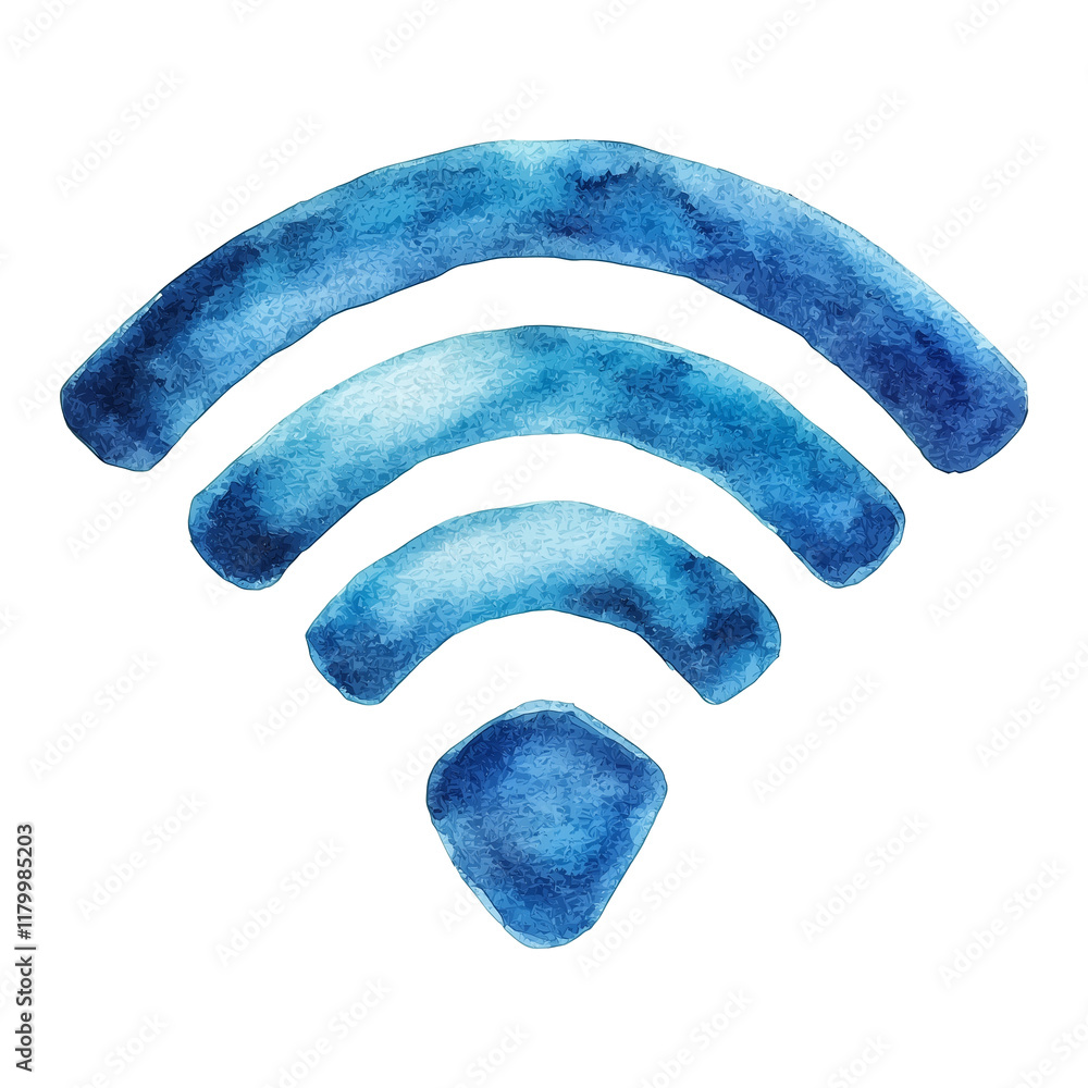 Poster watercolor illustration of blue wi fi signal icon isolated on transparency background, symbolizing w