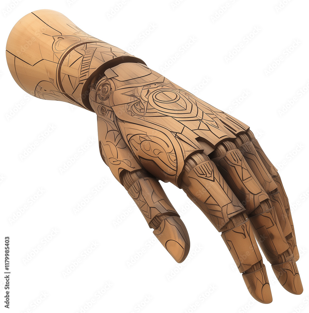 Poster wooden hand with intricate engraved patterns, isolated on transparency background, showcasing artist