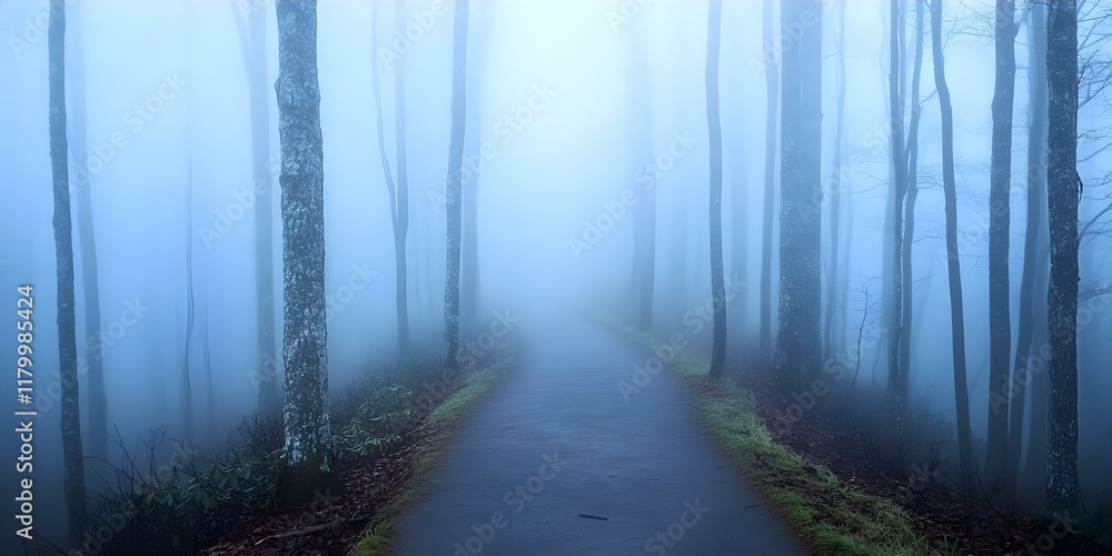 Poster a misty forest pathway with tall trees on either side, creating a mysterious and serene atmosphere. 
