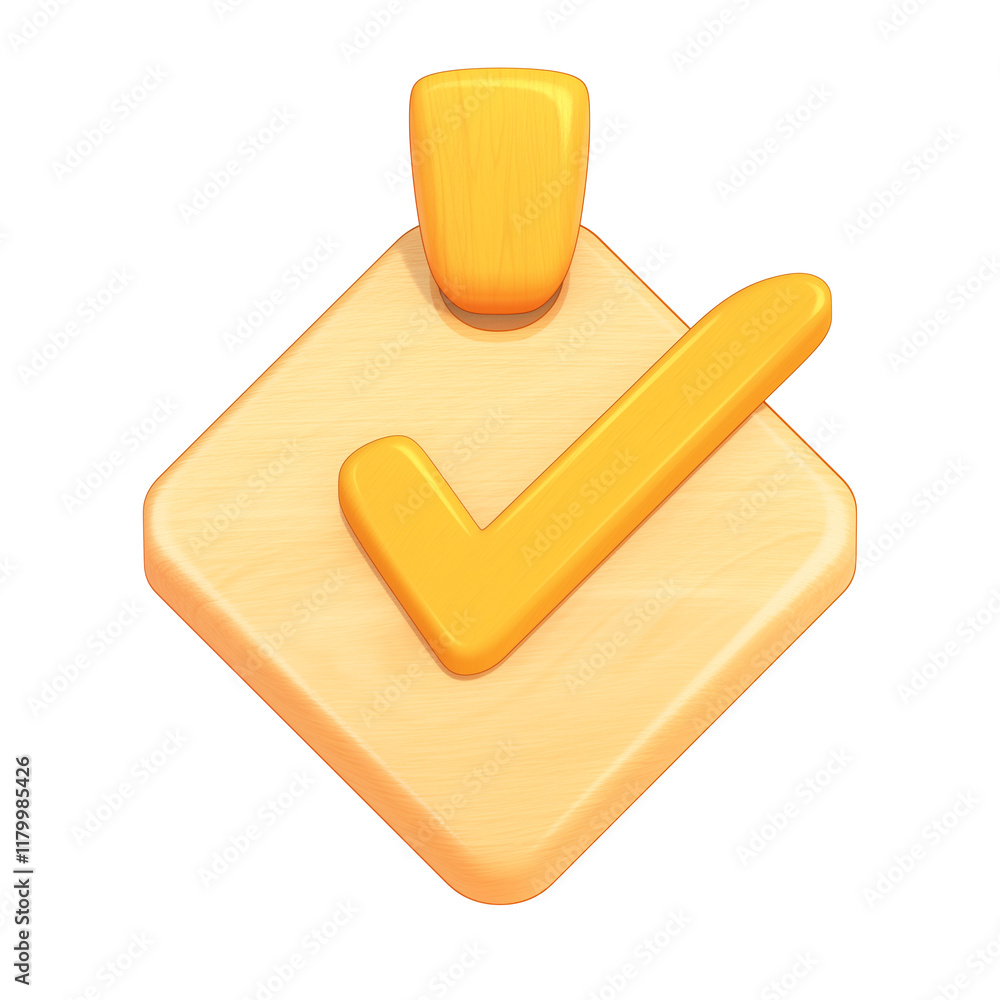 Poster yellow check mark with wooden texture is displayed on diamond shaped wooden base, isolated on transparency background, symbolizing approval or confirmation