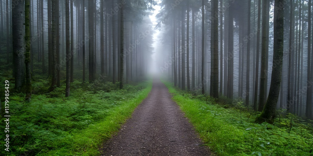Poster a serene forest path surrounded by tall trees, shrouded in mist, creating an atmospheric and tranqui