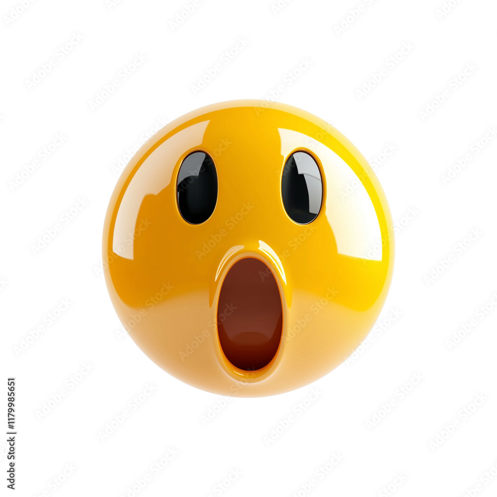 Poster glossy 3d surprised emoji in amber color with wide open mouth and expressive eyes, isolated on trans