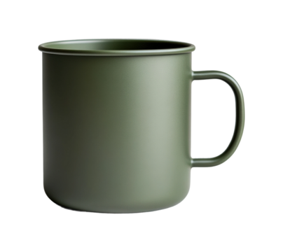 Minimalist matte green camping mug in nature outdoor lifestyle high fidelity design eco-friendly environment isolated on transparent background png