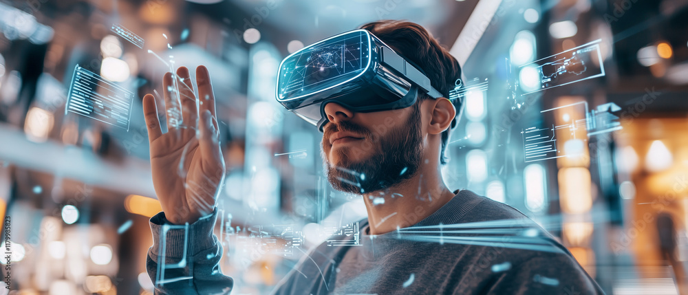 Poster man wearing virtual reality headset interacts with holographic augmented reality interfaces in futur