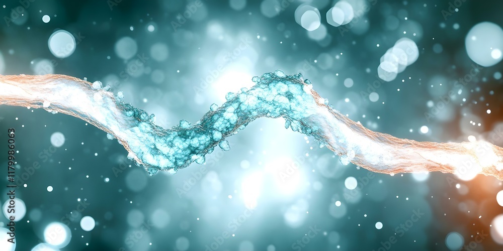 Poster a dynamic, abstract representation of flowing water with bubbles and light effects, creating a vibra