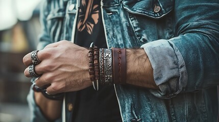 A man wearing a blue jacket and a black shirt is holding his wrist