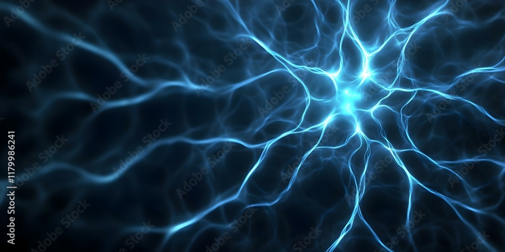 Poster a close-up of blue glowing neural connections or synapses in a dark background, resembling a neural 