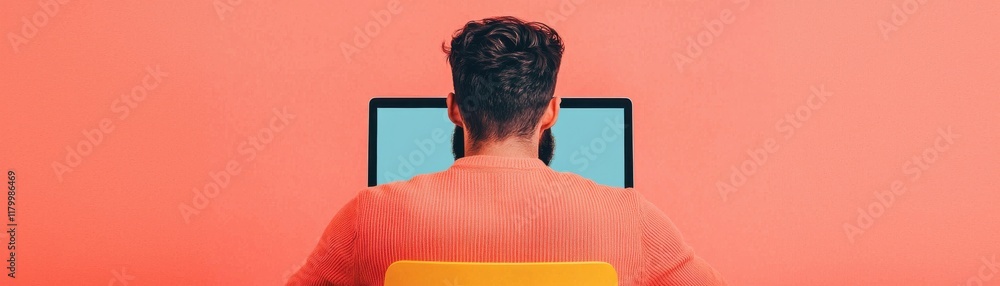 Poster a person sits at a desk in front of a computer, facing a vibrant orange wall, focusing on the screen