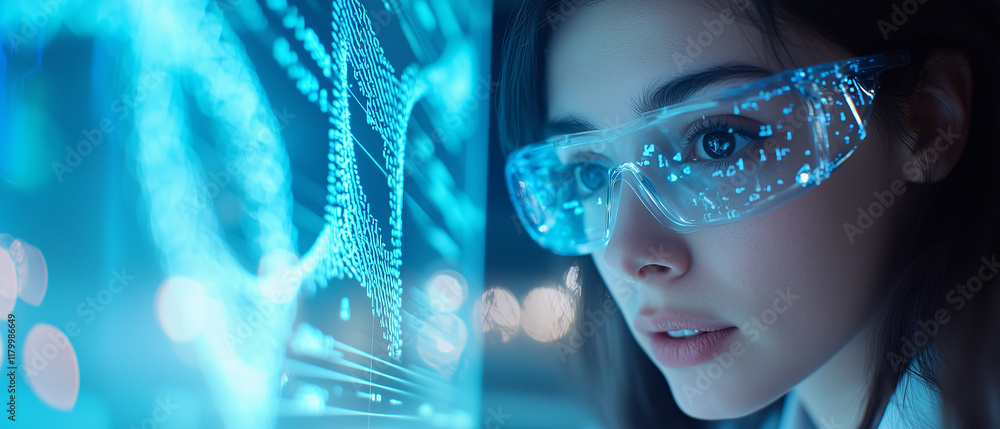 Poster close up of focused female scientist wearing safety glasses, analyzing futuristic digital data displ