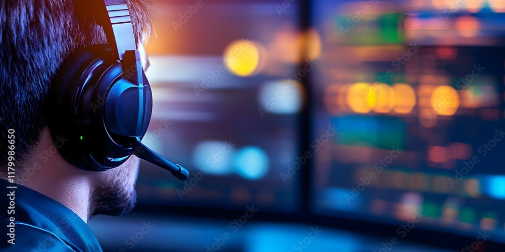 Poster a person wearing a headset, focused on multiple computer screens with colorful data displays and a b