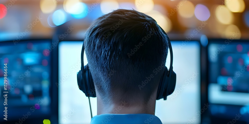 Poster a person wearing headphones sits in front of multiple computer screens, focused on their work in a t