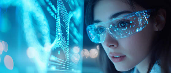 Close up of focused female scientist wearing safety glasses, analyzing futuristic digital data displayed on glowing screen in laboratory setting