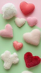 Obraz premium Colorful, plush heart shapes in various sizes and textures are arranged on a pastel background, creating a playful and cozy atmosphere.