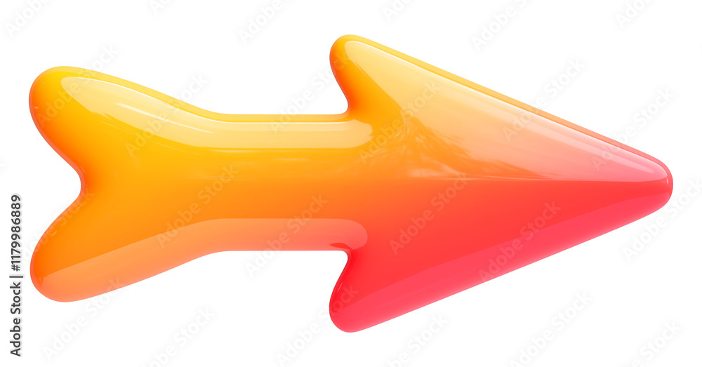 Poster smooth, glossy arrow with vibrant gradient transitioning from yellow to red, featuring sleek and modern design. arrow has 3D plastic like appearance and points to right