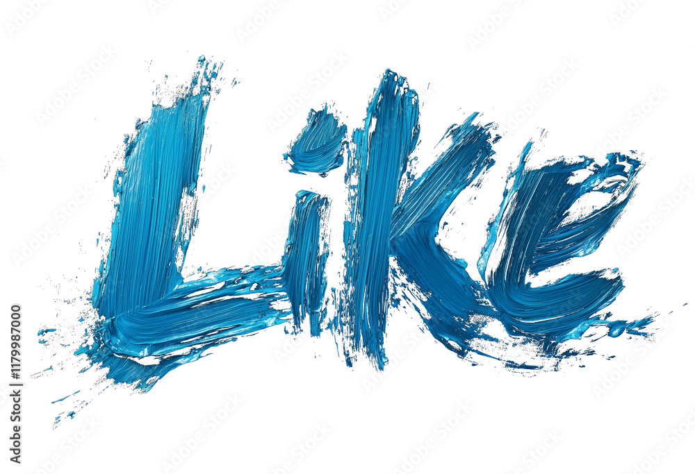 Poster Blue brushstroke text spelling Like with smooth and glossy texture on transparency background, showcasing artistic and creative design