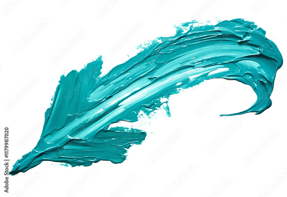 Aufkleber bold, curved arrow made with teal acrylic paint and rough brushstrokes, showcasing dynamic texture a