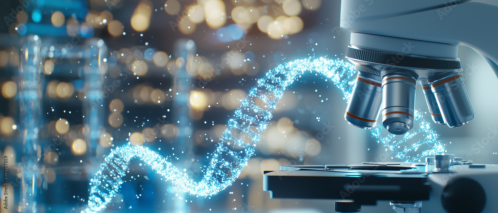 Poster microscope with glowing dna hologram in laboratory, symbolizing advanced genetic research and biotec