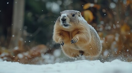 Obraz premium A groundhog peeking out of its burrow on Groundhog Day, gazing at the sky, creating an atmosphere of winter celebration and folk tradition