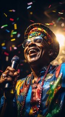 a man in a colorful outfit singing into a microphone