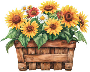 Obraz premium Vibrant bouquet of sunflowers and wildflowers in a wooden basket.